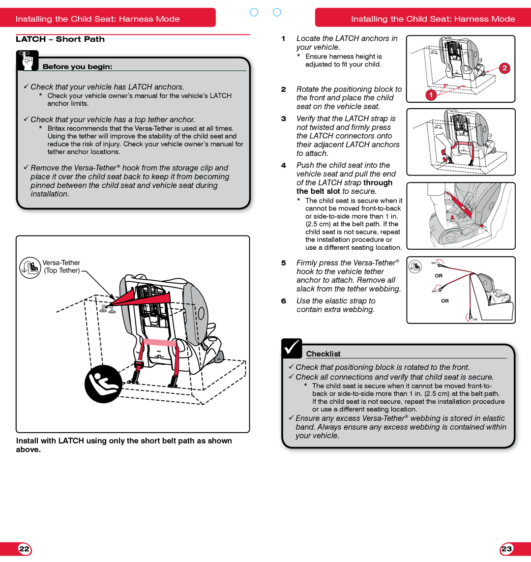 Britax 85 SICT manual Latch Short Path, Checklist 