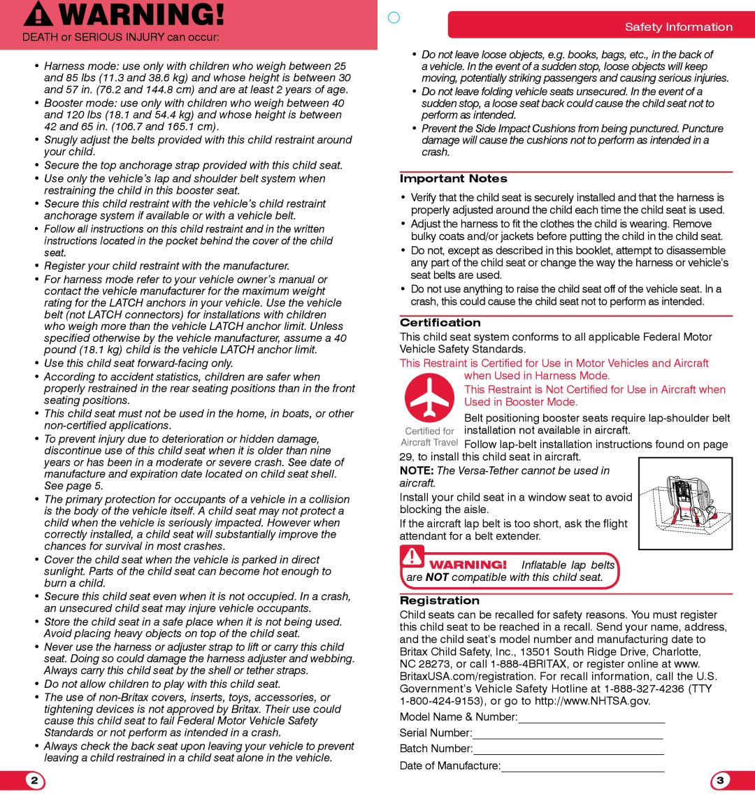 Britax 85 SICT manual Important Notes, Certification, Registration 