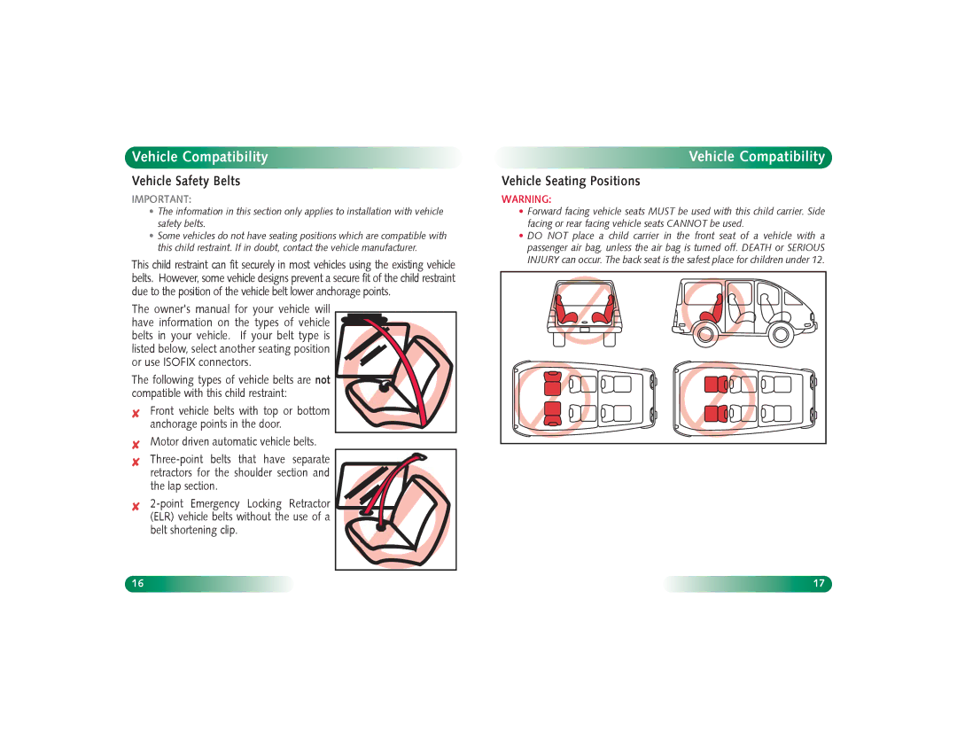 Britax Baby Accessories manual Vehicle Compatibility, Vehicle Safety Belts, Vehicle Seating Positions 