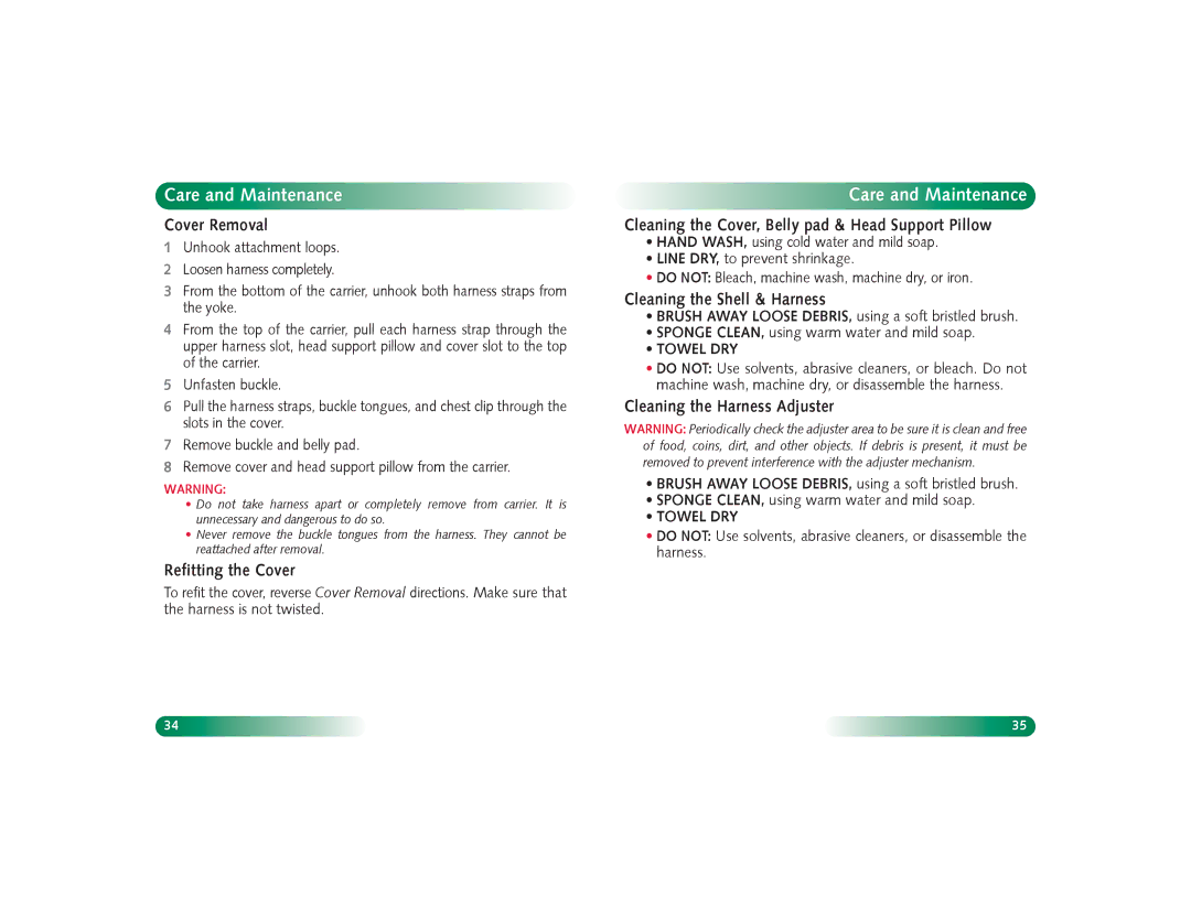 Britax Baby Accessories manual Cover Removal, Refitting the Cover, Cleaning the Cover, Belly pad & Head Support Pillow 