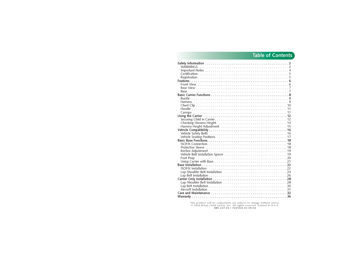 Britax Baby Accessories manual Table of Contents 