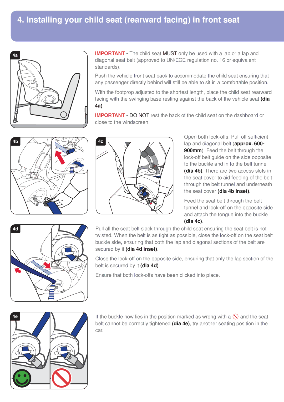 Britax BB0-702-00 manual Installing your child seat rearward facing in front seat, Seat cover dia 4b inset, Dia 4c 