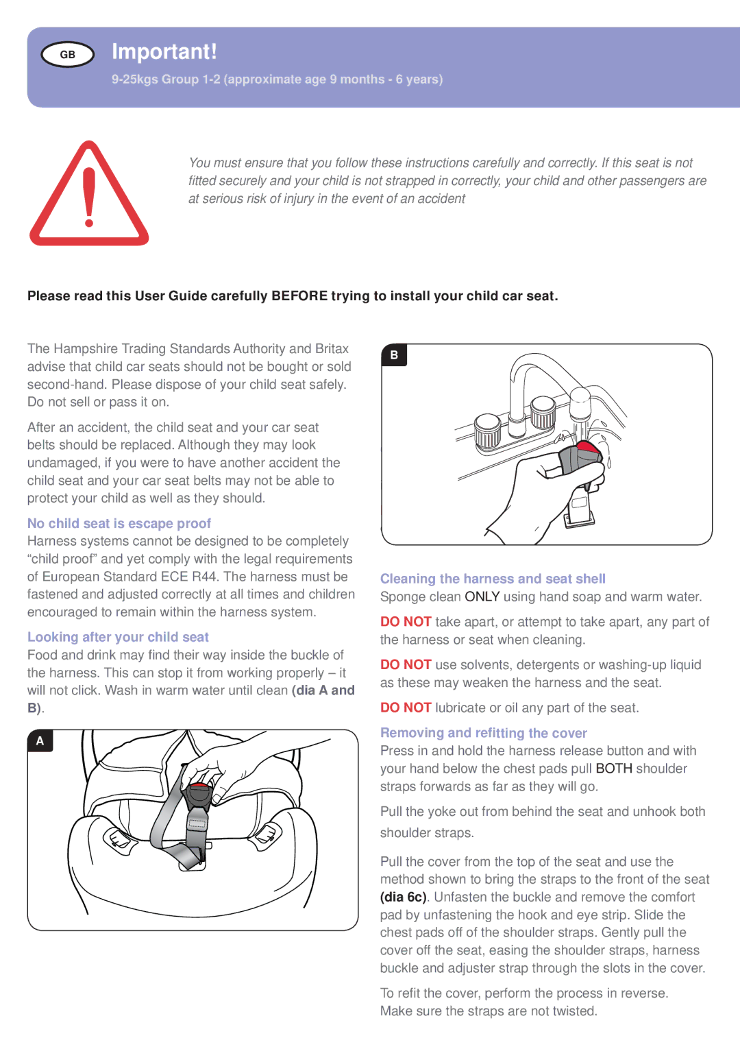 Britax BB0-702-00 manual GB Important, Do not lubricate or oil any part of the seat 