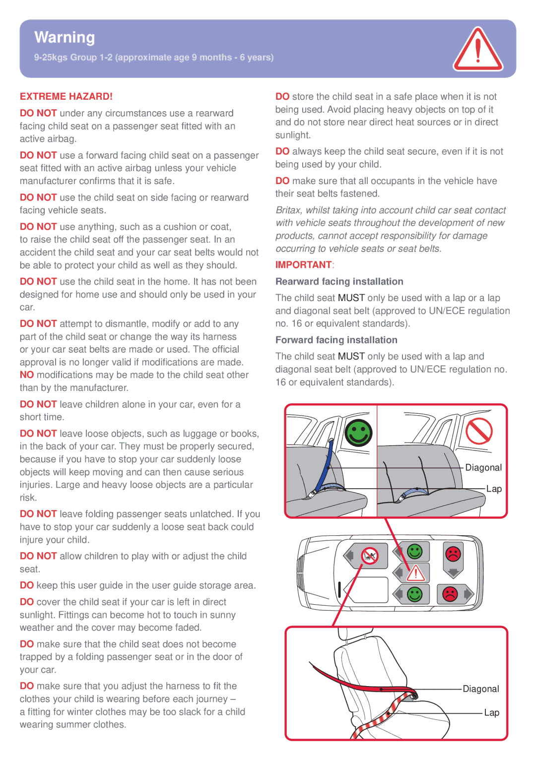 Britax BB0-702-00 manual Rearward facing installation, Forward facing installation 