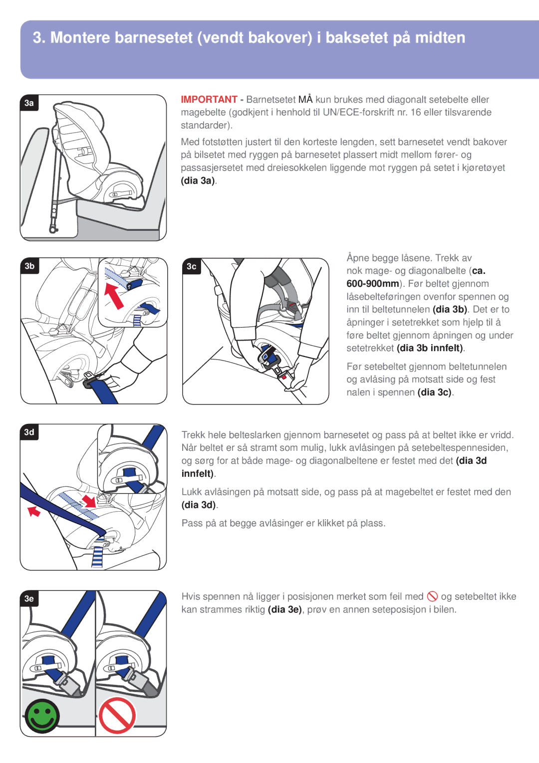 Britax BB0-702-00 manual Montere barnesetet vendt bakover i baksetet på midten, Setetrekket dia 3b innfelt 