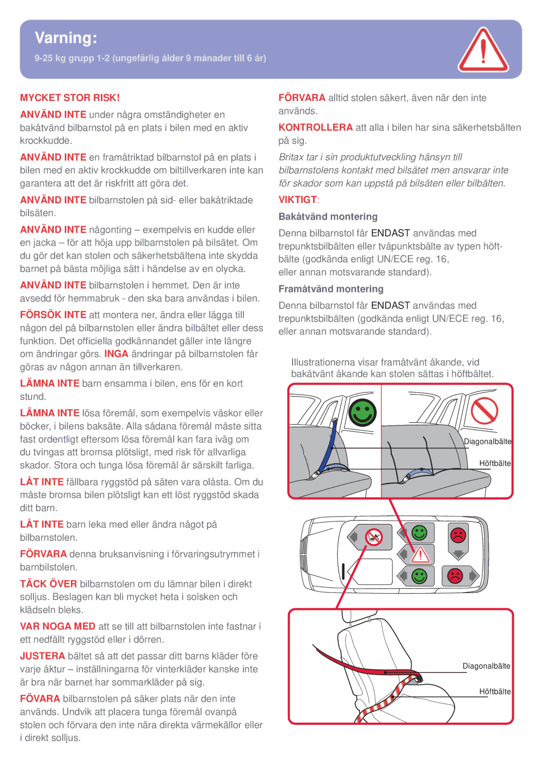 Britax BB0-702-00 manual Varning, Lämna Inte barn ensamma i bilen, ens för en kort stund, Bakåtvänd montering 