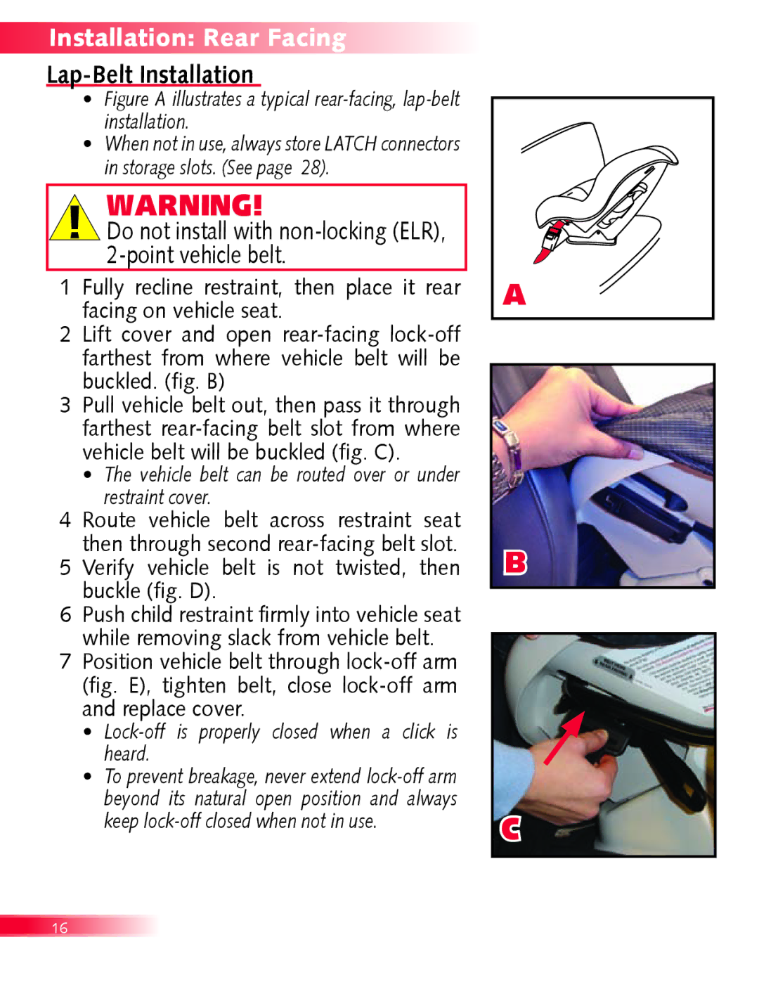 Britax Boulevard manual Lap-Belt Installation, Do not install with non-locking ELR, 2-point vehicle belt 