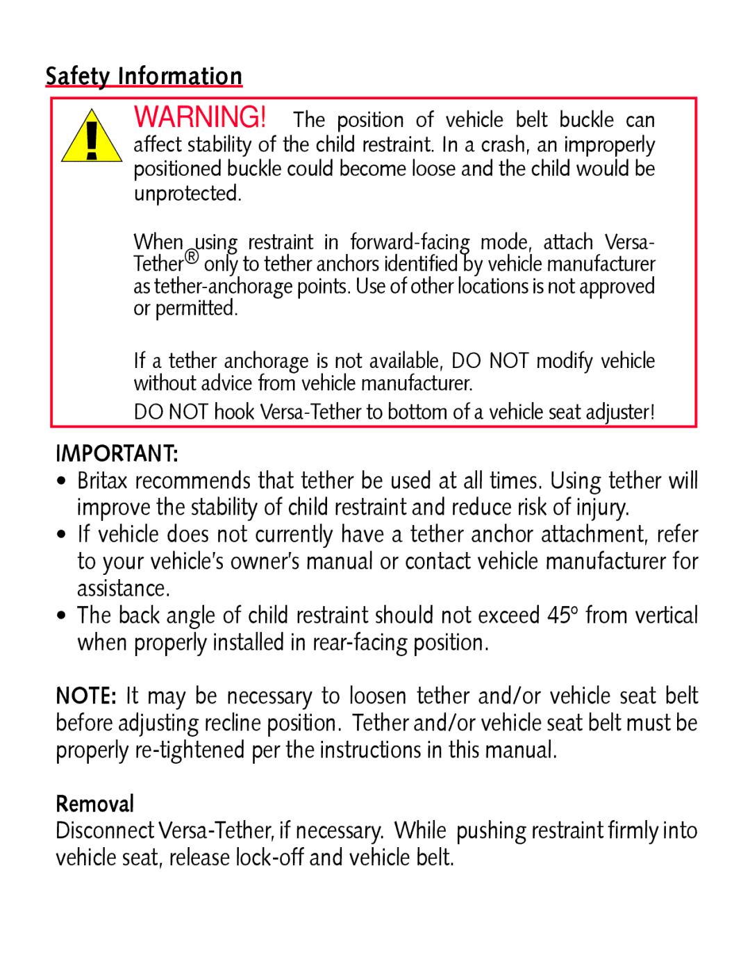 Britax Boulevard manual Installation Versa-Tether, Safety Information 