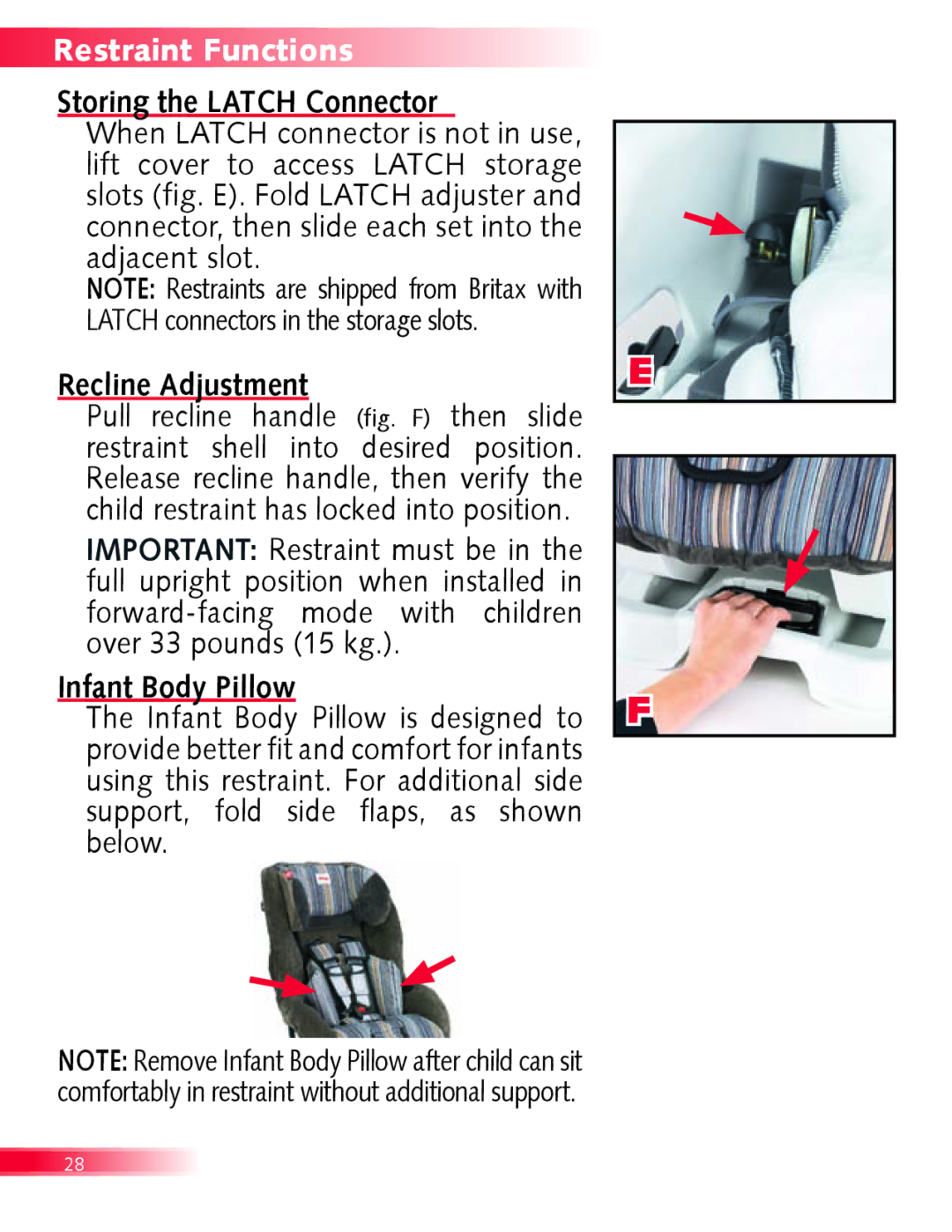 Britax Boulevard manual Storing the Latch Connector, Recline Adjustment, Infant Body Pillow 