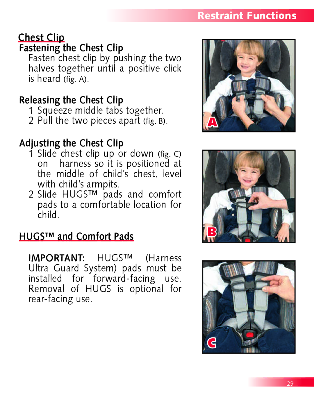 Britax Boulevard manual Chest Clip Fastening the Chest Clip, Releasing the Chest Clip, Adjusting the Chest Clip 