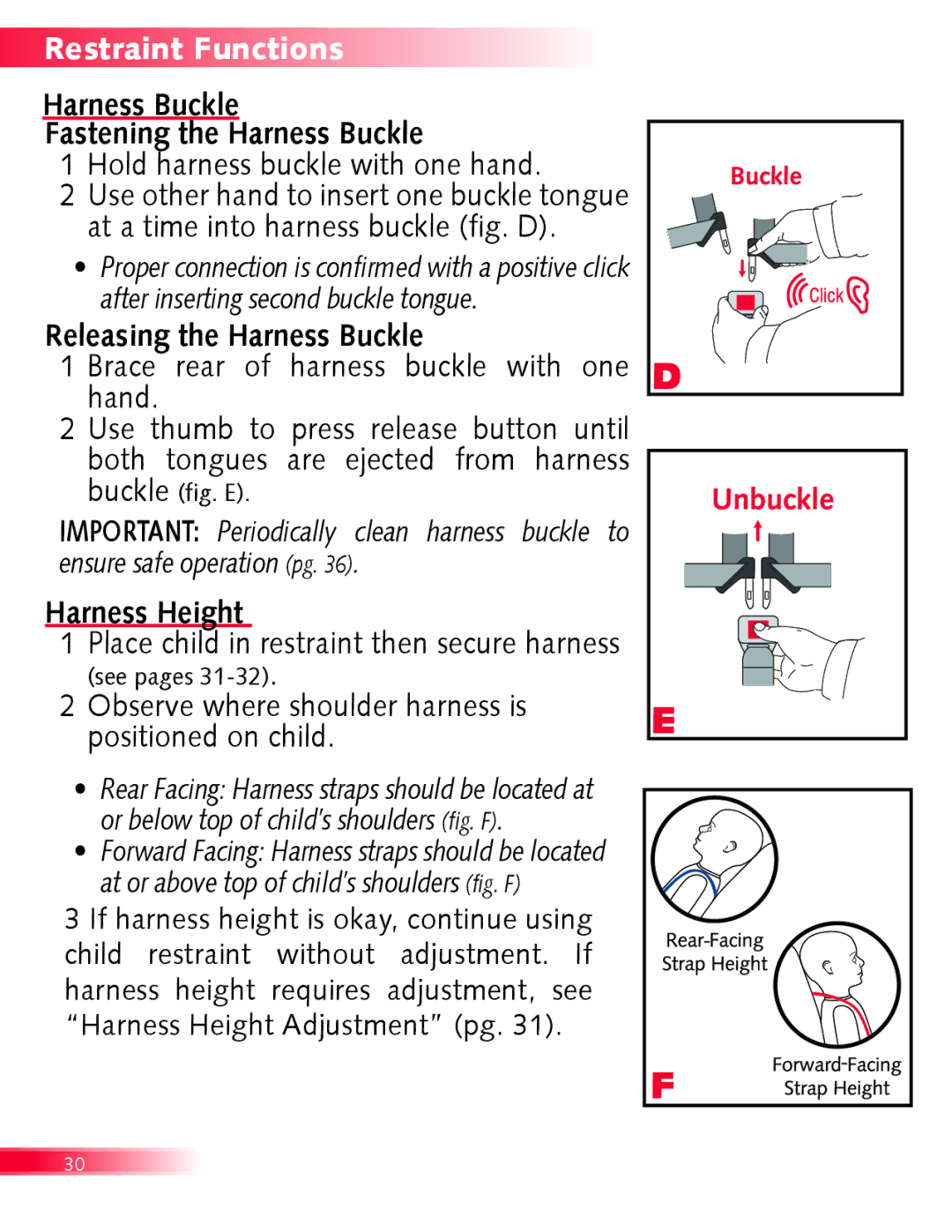 Britax Boulevard manual Harness Buckle Fastening the Harness Buckle, Releasing the Harness Buckle, Harness Height 