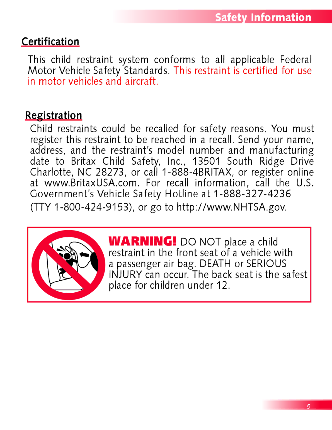 Britax Boulevard manual Certification, Registration 