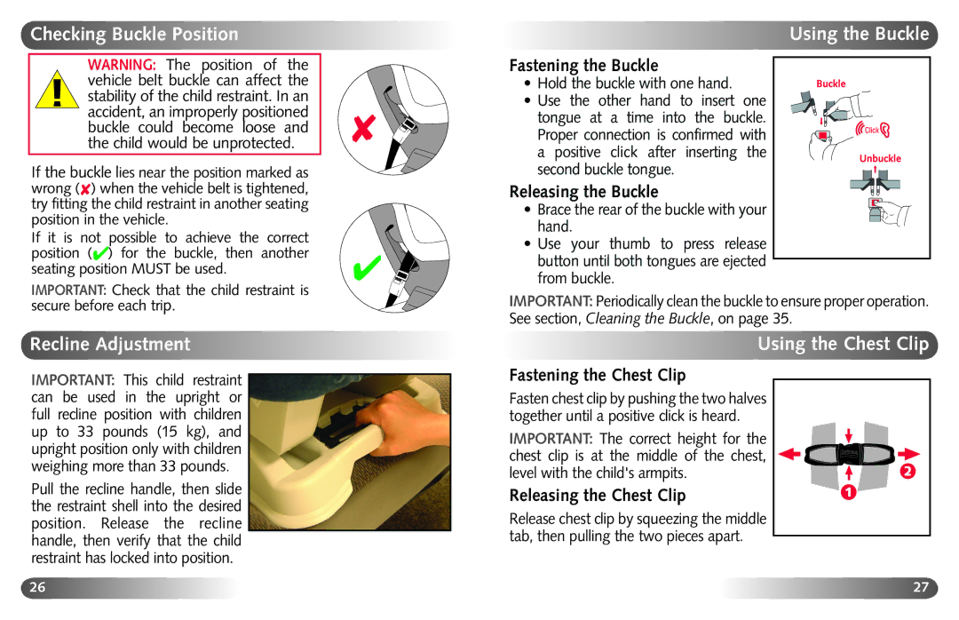 Britax Britix Marathon manual Checking Buckle Position, Recline Adjustment, Using the Buckle, Using the Chest Clip 