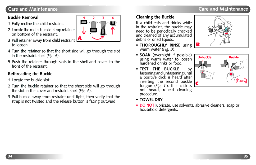 Britax Britix Marathon manual Buckle Removal, Cleaning the Buckle, Rethreading the Buckle, Thoroughly Rinse using 