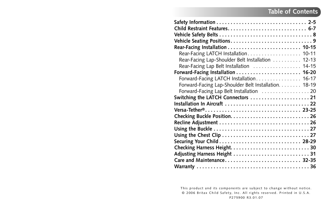 Britax Britix Marathon manual Table of Contents 