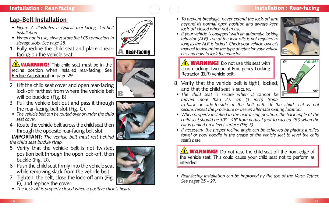 Britax Child Seat manual Lap-Belt Installation, Has and how to lock the retractor, Car is parked on a level surface Fig. F 