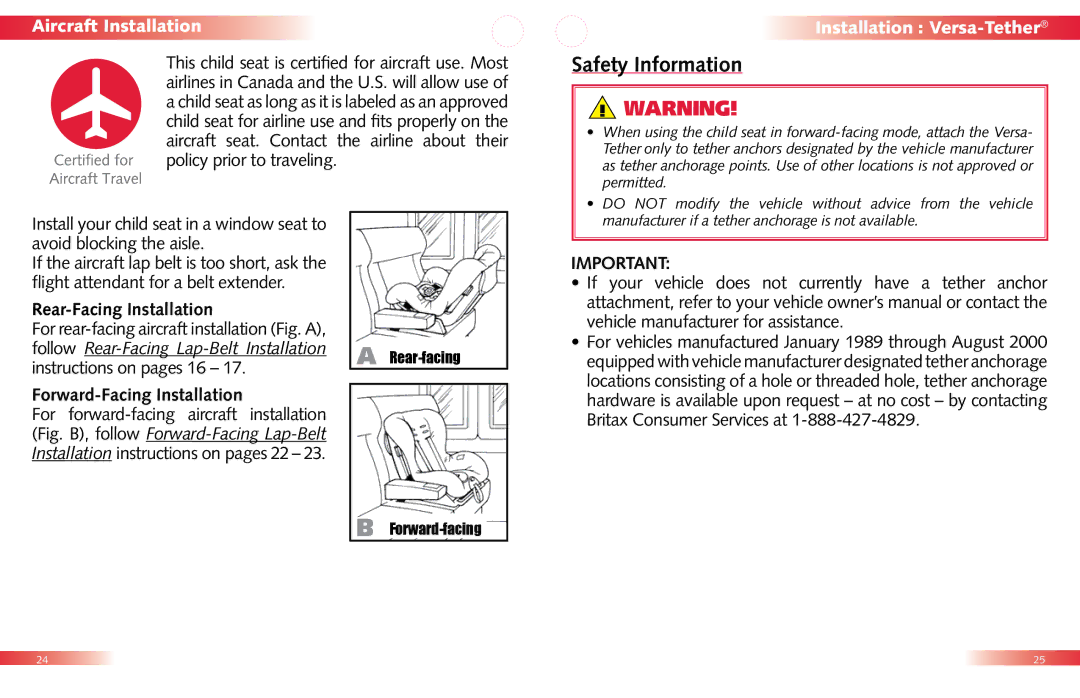 Britax Child Seat manual Safety Information, Rear-Facing Installation, Forward-Facing Installation 