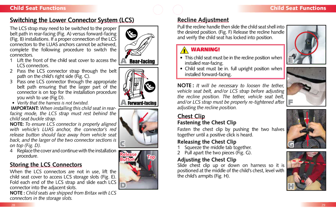 Britax Child Seat Switching the Lower Connector System LCS, Recline Adjustment, Storing the LCS Connectors, Chest Clip 