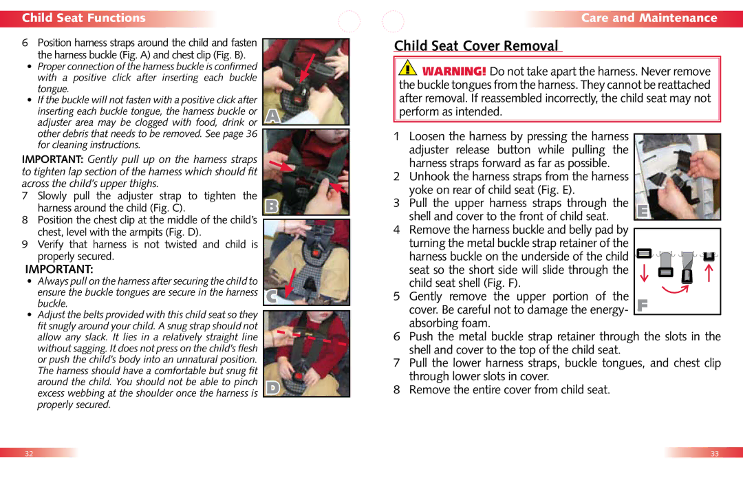 Britax manual Child Seat Cover Removal, Child Seat Functions Care and Maintenance 