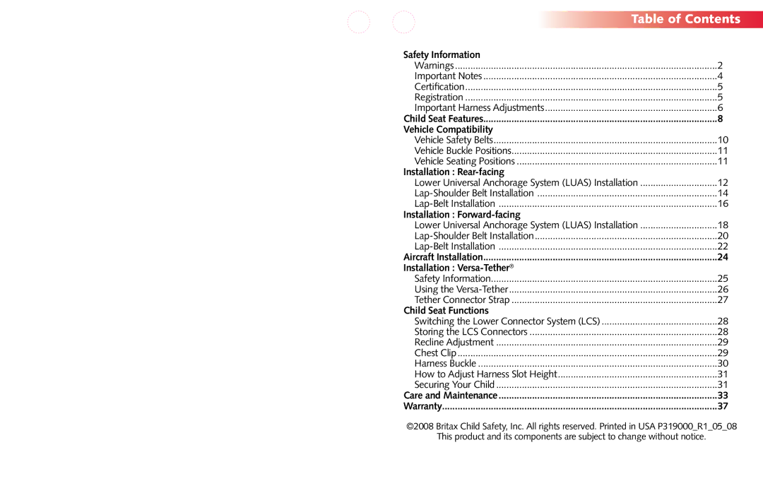 Britax Child Seat manual Table of Contents 