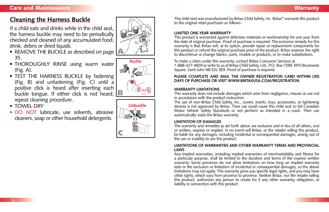 Britax Child Seat manual Cleaning the Harness Buckle, Warranty 