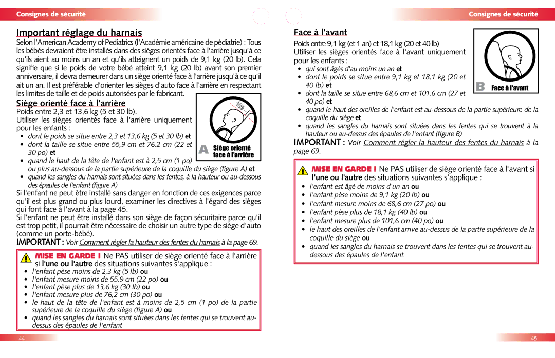 Britax Child Seat manual Important réglage du harnais, Siège orienté face à larrière, Face à lavant, Lb et 