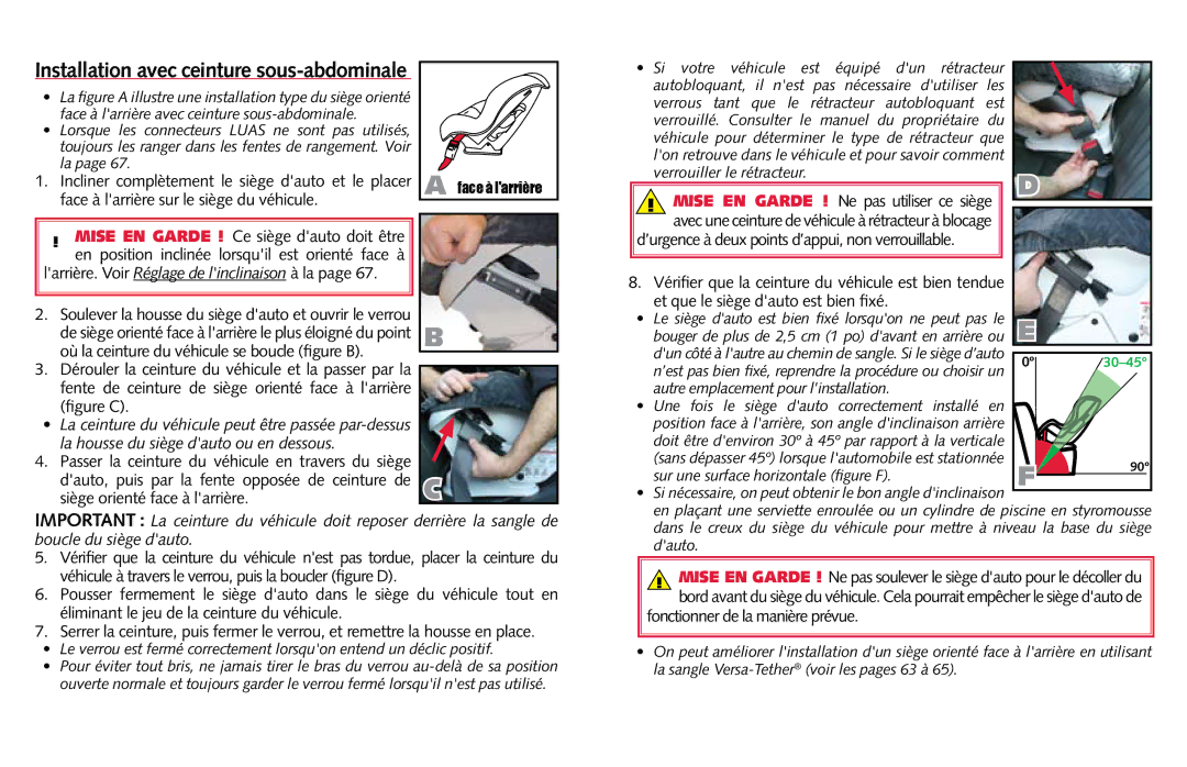 Britax Child Seat Installation avec ceinture sous-abdominale, Si nécessaire, on peut obtenir le bon angle dinclinaison f 