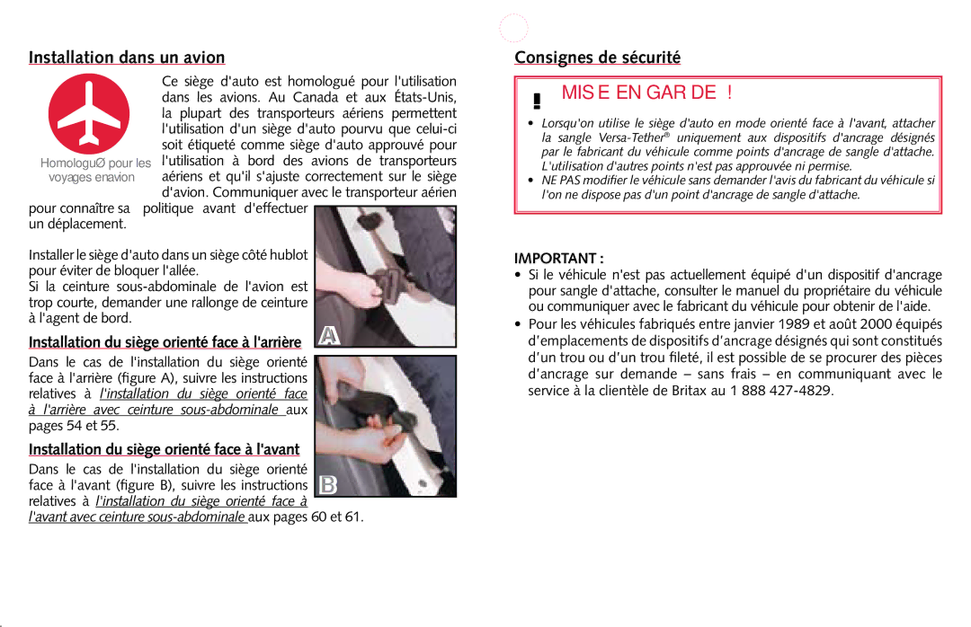 Britax Child Seat manual Installation dans un avion, Consignes de sécurité, Installation du siège orienté face à lavant 