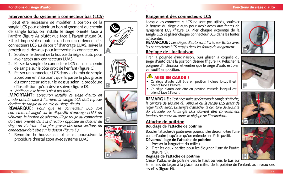 Britax Child Seat manual Interversion du système à connecteur bas LCS, Rangement des connecteurs LCS 