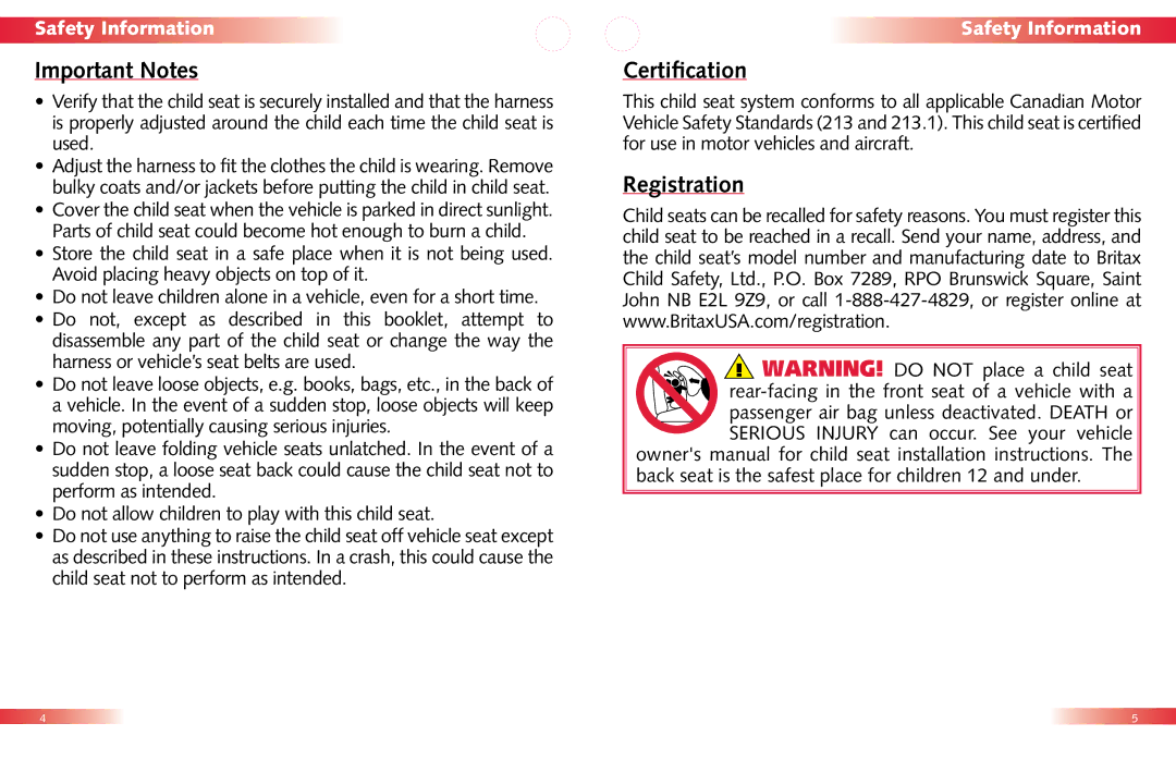 Britax Child Seat manual Important Notes, Certification, Registration 