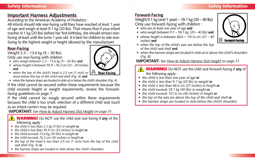 Britax Child Seat manual Important Harness Adjustments, Forward-Facing, Rear-Facing, Child seat shell 