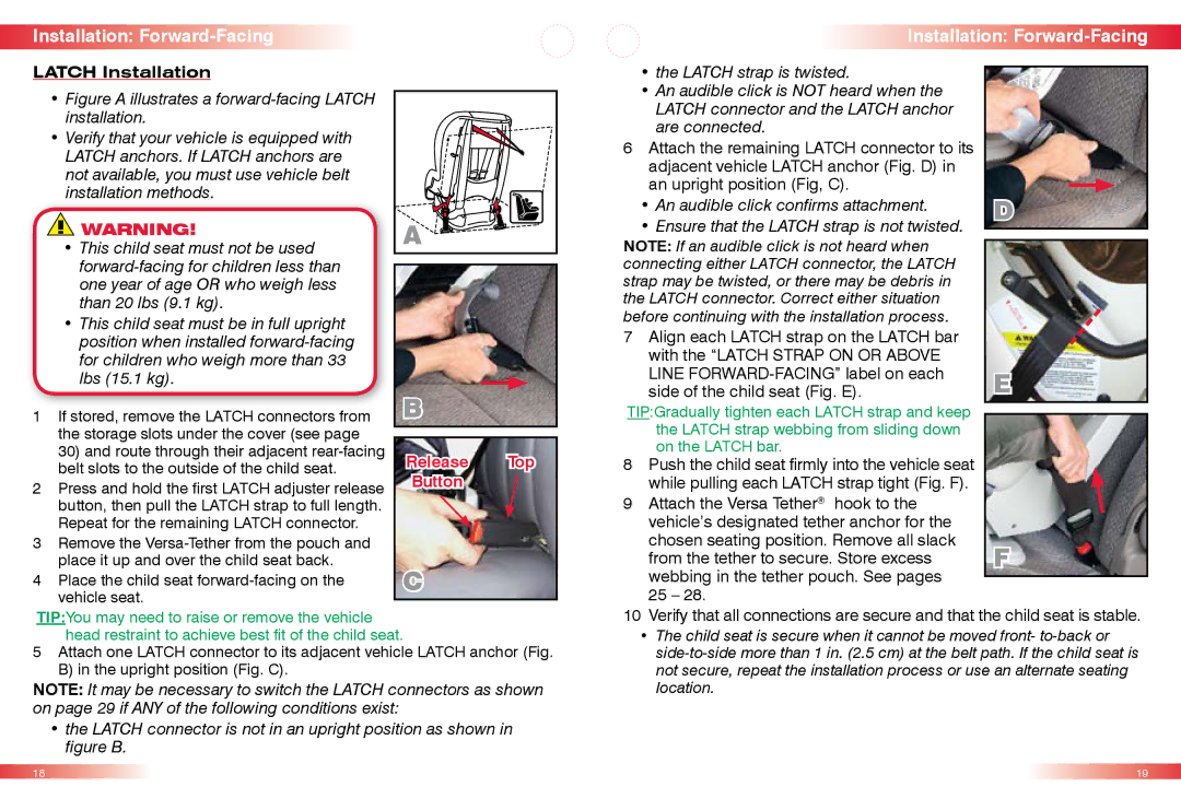 Britax CS manual Installation Forward-Facing, Latch Installation 