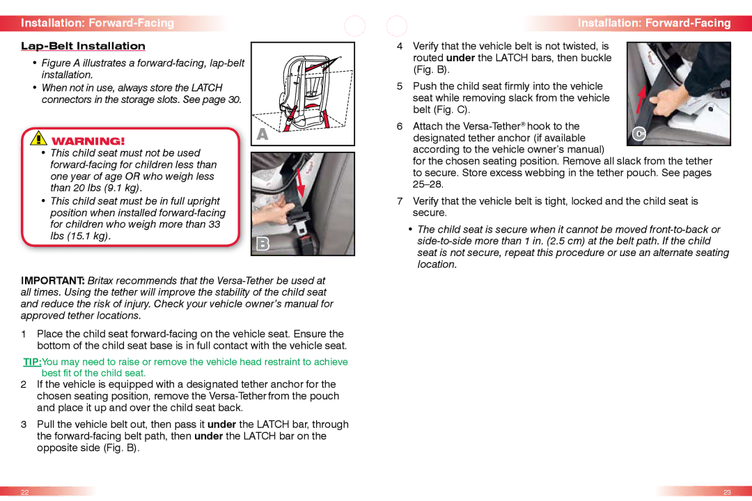 Britax CS manual Figure a illustrates a forward-facing, lap-belt installation 