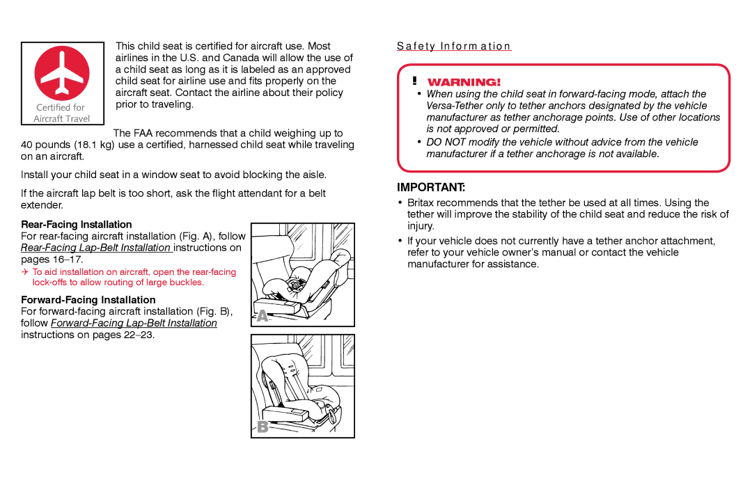 Britax CS manual Installation Aircraft, Installation Versa-Tether, Rear-Facing Installation, Forward-Facing Installation 