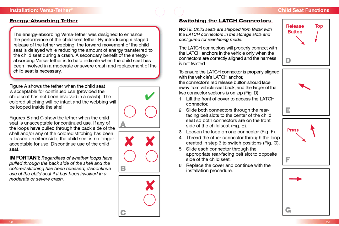 Britax CS manual Installation Versa-Tether Child Seat Functions, Energy-Absorbing Tether, Switching the Latch Connectors 