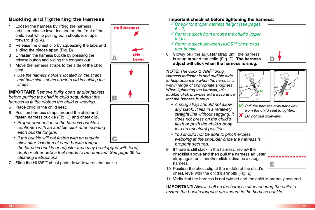 Britax CS manual Securing Your Child, Buckling and Tightening the Harness 