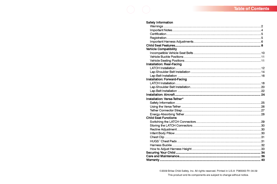 Britax CS manual Table of Contents 