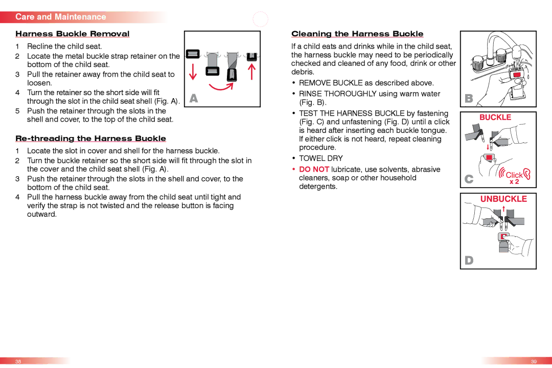 Britax CS manual Harness Buckle Removal, Cleaning the Harness Buckle, Re-threading the Harness Buckle 