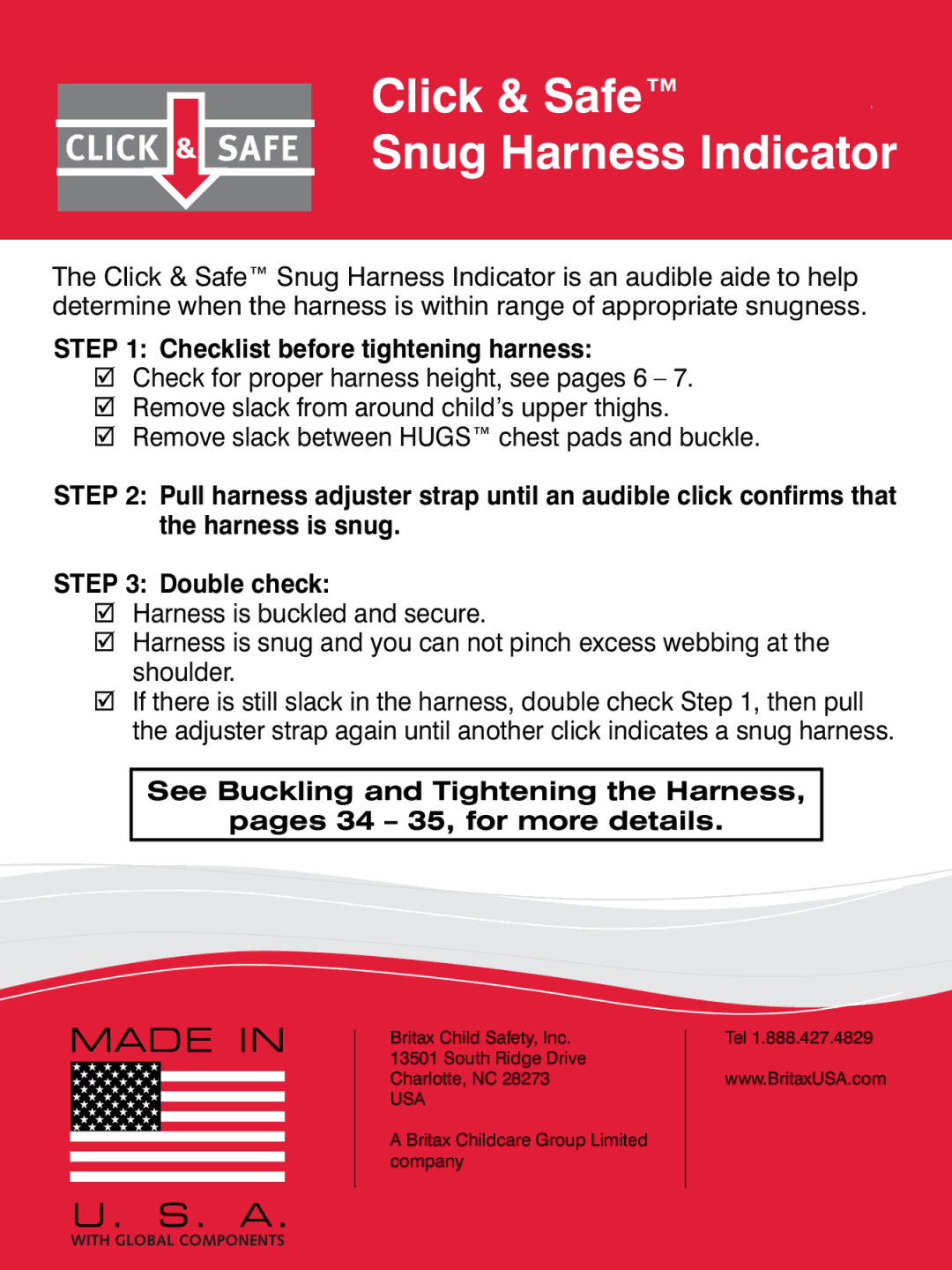 Britax CS manual Click & Safe Snug Harness Indicator, Checklist before tightening harness 