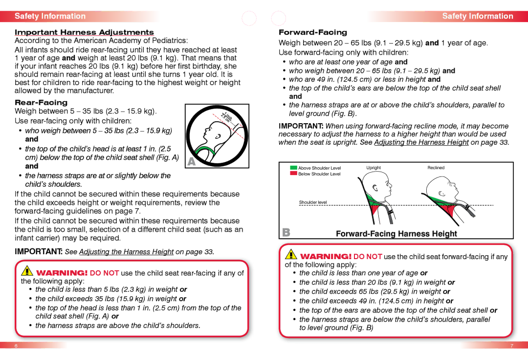 Britax CS manual Important Harness Adjustments, Rear-Facing, Forward-Facing Harness Height 