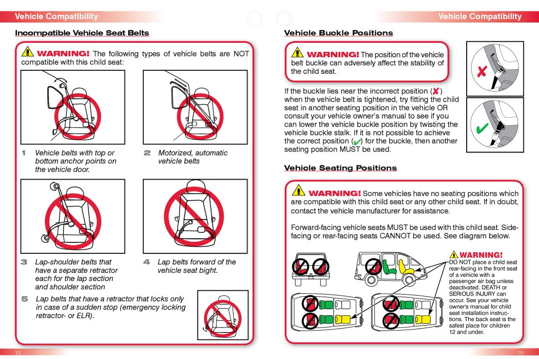 Britax CS Vehicle Compatibility, Incompatible Vehicle Seat Belts, Vehicle Buckle Positions, Vehicle Seating Positions 