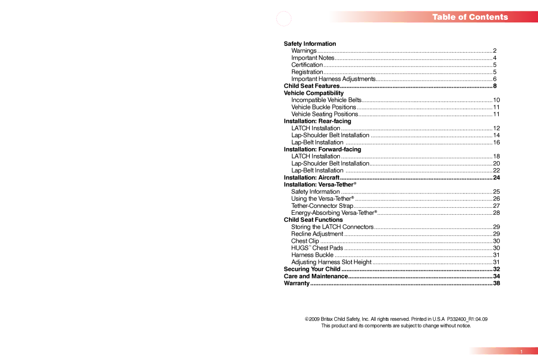 Britax CS manual Table of Contents 