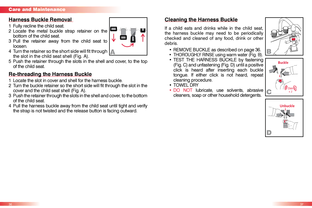 Britax CS manual Harness Buckle Removal, Re-threading the Harness Buckle, Cleaning the Harness Buckle 