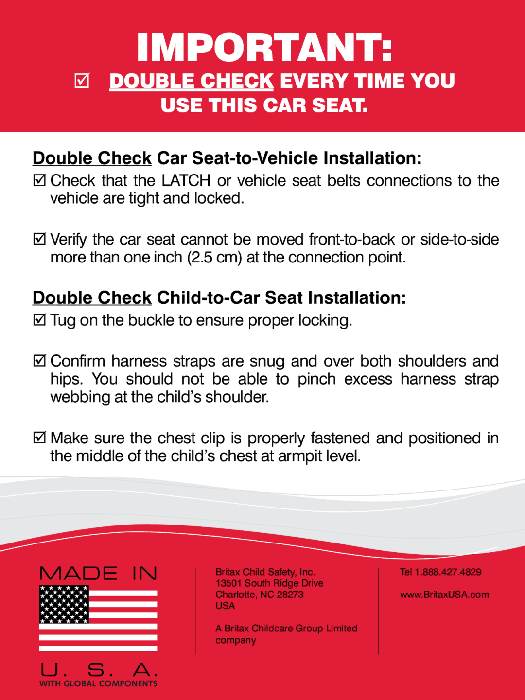 Britax CS manual Double Check Car Seat-to-Vehicle Installation, Double Check Child-to-Car Seat Installation 