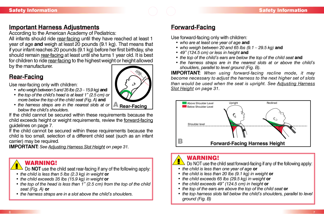 Britax CS manual Important Harness Adjustments, Rear-Facing, Forward-Facing 