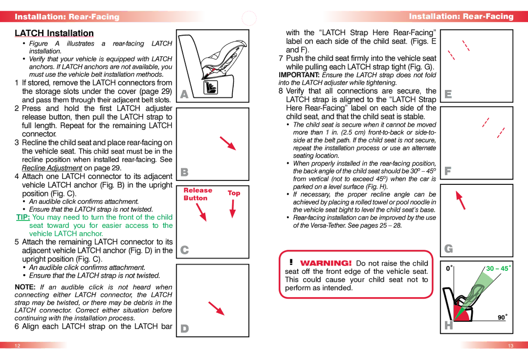 Britax CS manual Latch Installation, Installation Rear-Facing, Align each Latch strap on the Latch bar 