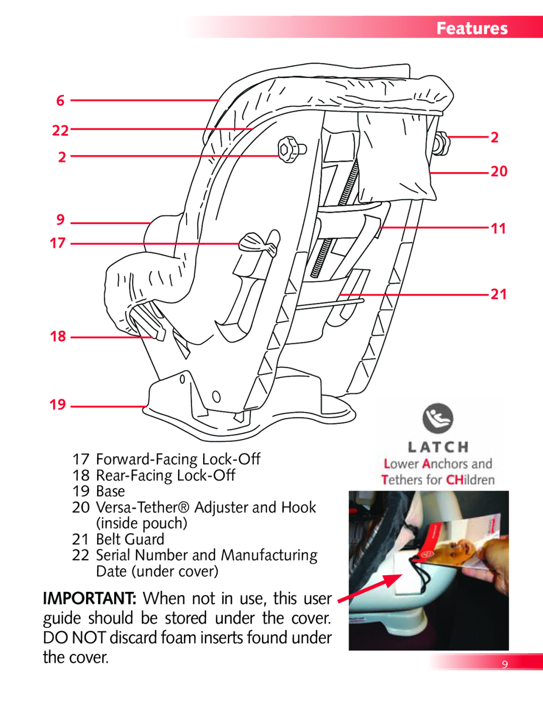 Britax Diplomat manual Do not discard foam inserts found under the cover, Features 