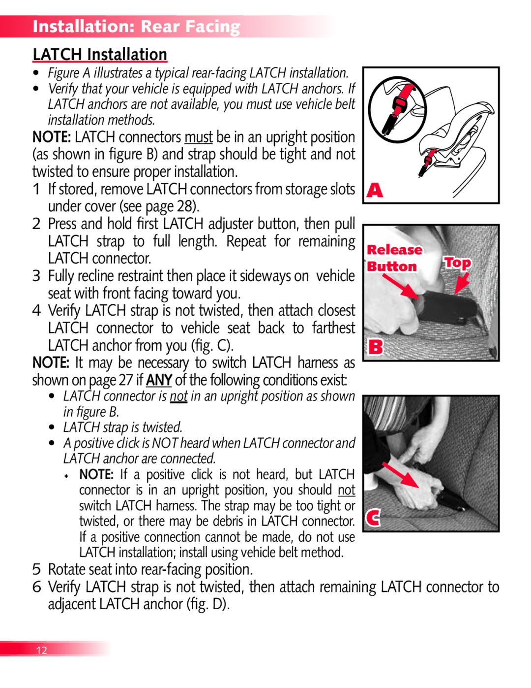 Britax Diplomat manual Installation Rear Facing, Latch Installation, Under cover see, Latch connector 