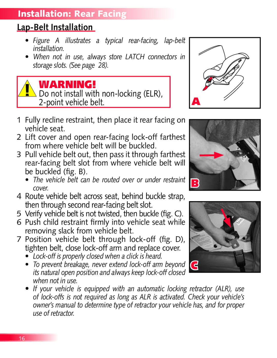 Britax Diplomat manual Lap-Belt Installation, Do not install with non-locking ELR, 2-point vehicle belt 