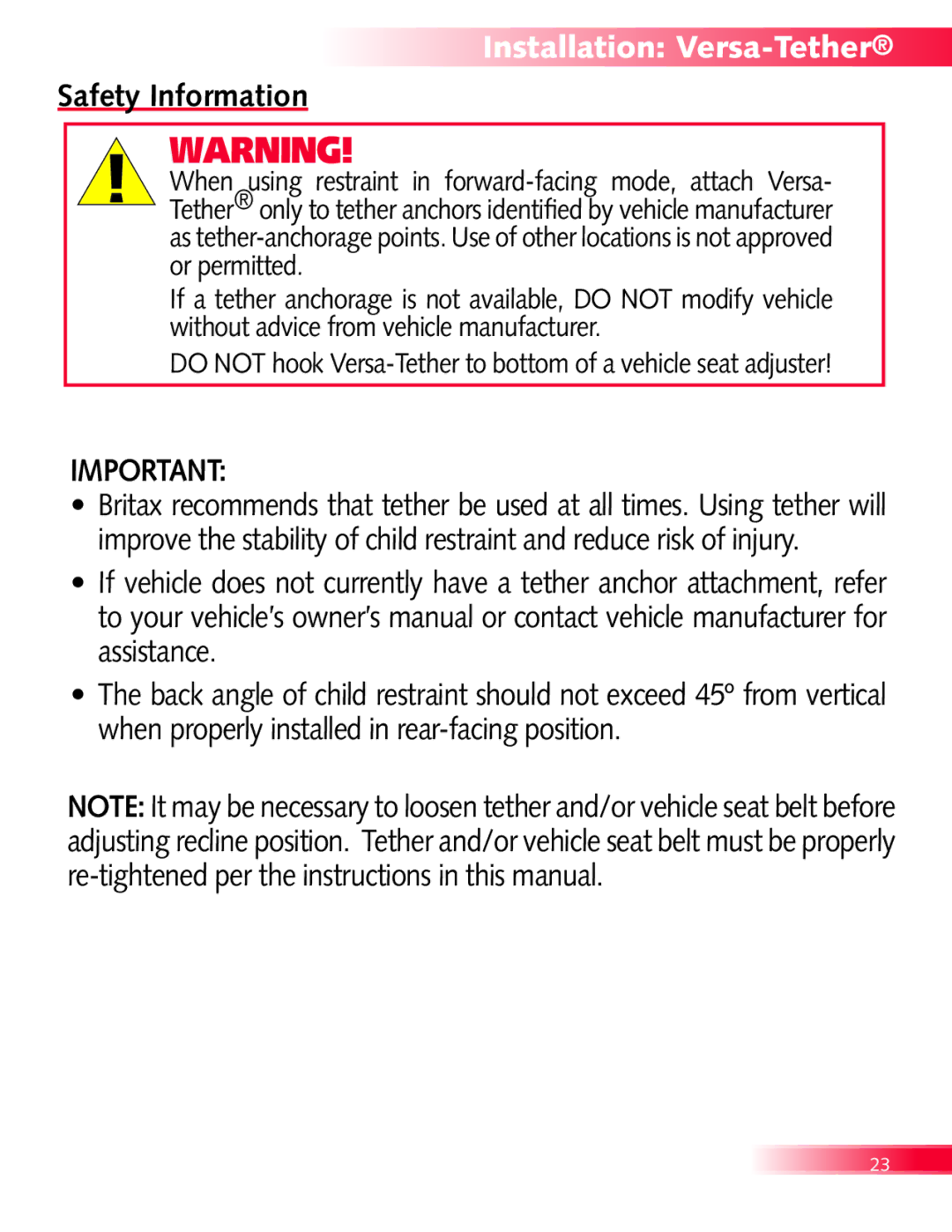 Britax Diplomat manual Installation Versa-Tether, Safety Information 